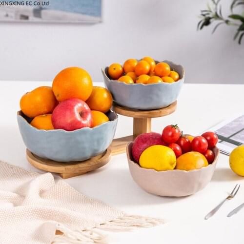 Nordic Fruit Plate Round Ceramic Phnom Penh Fruit Bowl Modern Living Room Household Two-layer Fruit Basin Bamboo Wood Frame