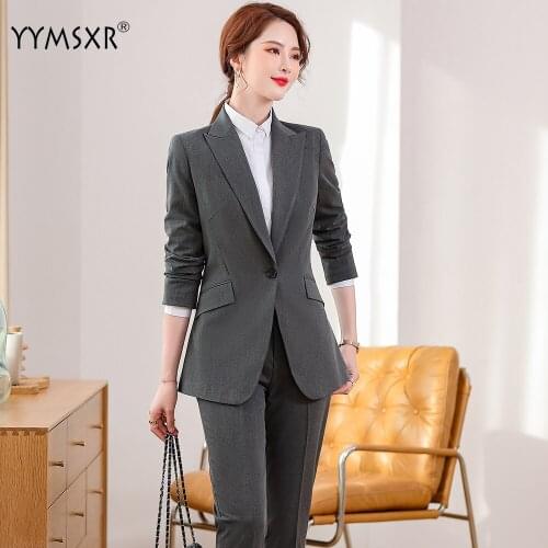 YYMSXR High Quality Fashion Women Ladies Business Pant Suit Black Blue Gray S-5XL Single Button 2 Piece Set for Work