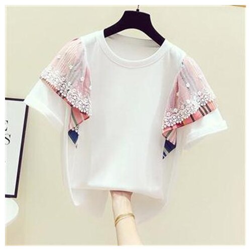 2021 Summer New Korean Mosaic Lace Contrast Stripes Crew Neck Short Sleeve T-Shirt Womens Casual Pull T Shirt Student
