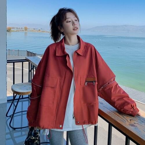 Spring Autumn Clothes Women Red Bomber Zipper Splice Pocket Oversize Loose Streetwear Hip Hop Outerwear Girls Korean Coat 8502