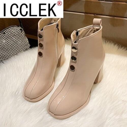 Womens Comfy Elastic Platform Round Toe Chunky High Heel Pull on Ankle Booties Patent Leather Boots Women Shoes 2021