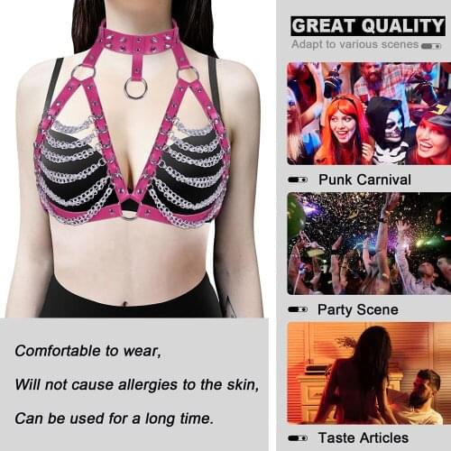 Women Goth Punk Sexy Caged Leather Link Chain Bra Erotic Lingerie Body Harness Bondage Belt BDSM Adult Games Sex Toy Club Rave