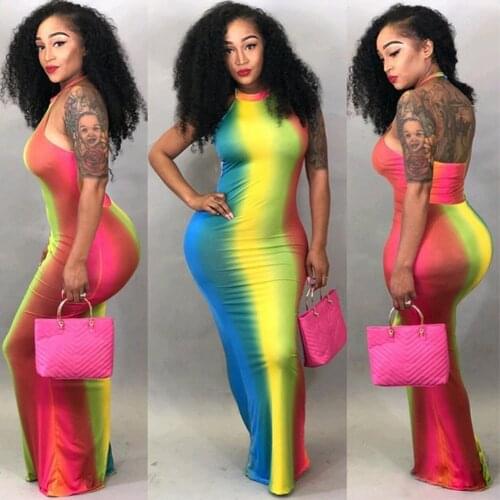Rainbow color Womens Ladies Backless Bodycon Slim Long Dress O Neck Lovely Casual Gradual-chang Sleeveless Long Holiday Dress