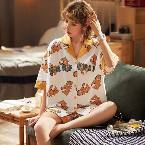 100% Knitted Cotton Pyjamas Women Pajama Sets Plus Size Cartoon Lingerie Turn-down Collar Pijama Femme Night Sleepwear Shorts