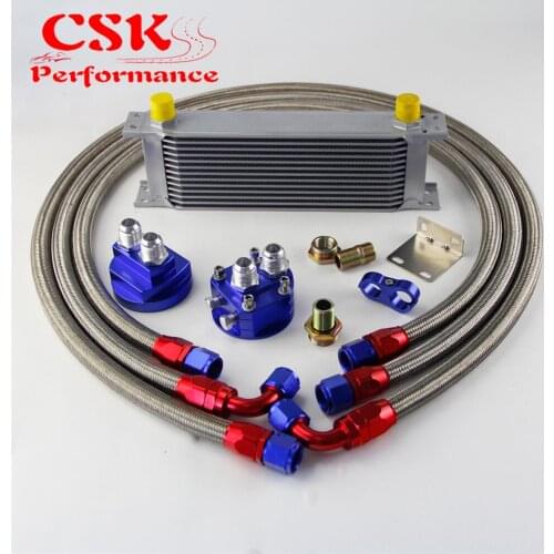 13 Row AN10 Universal Engine Transmission Oil Cooler British Type + Filter Adapter Kit Blue