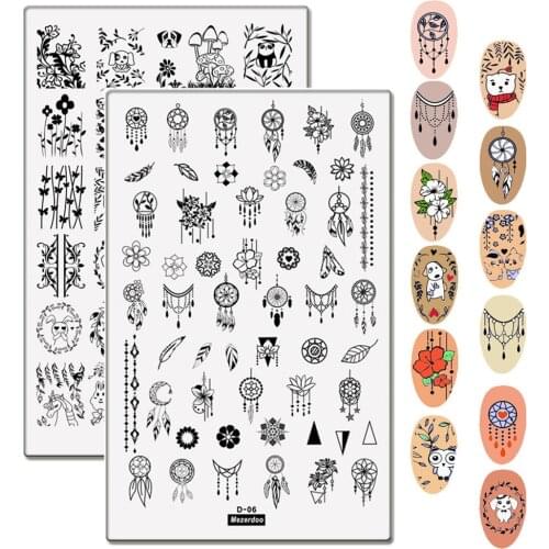 2Pcs/Set Dream Catcher Stamping Template Big Size Flower Cute Cat Owl Crown Queen Feather Chains Nail Art Image Stamping Plates