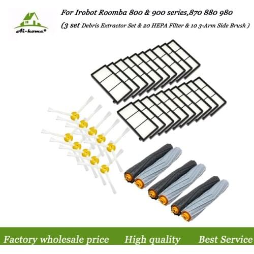 36pcs/lot, For iRobot Roomba 800 900 Series 870 880 980 Debris Extractor Set &20 HEPA Filter & 3-Arm Side Brush Replacement Kits