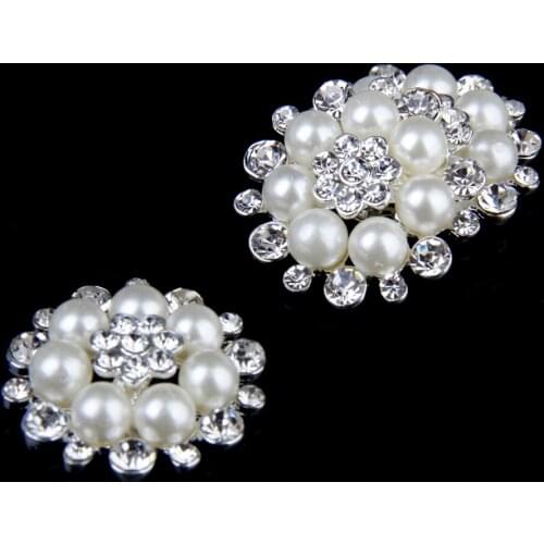 5pcs Crystal Diamante Beige Faux Pearl Flower Button Sewing Craft DIY 30mm