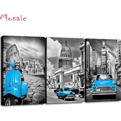 Diy Diamond embroidery 3 Pieces Simple Life Black and White New York Deco diamond painting Blue Car Modern Europe Buildings