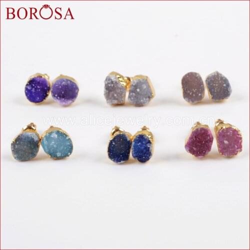 BOROSA Elegant Gold Color Freeform Rainbow Druzy Stud Earrings for Women Girls, New Gems Drusy Earrings Jewelry G1448