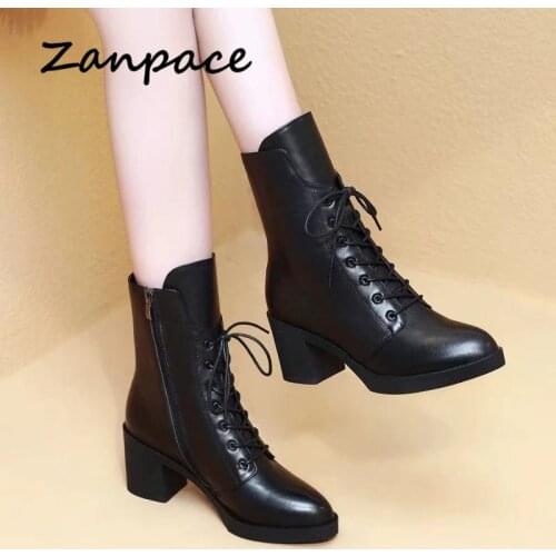 ZANPACE Platform Heels Women Boots Winter Plus Velvet Mid-tube Women Shoes Fashion Pointed Toe Winter Women Ankle Boots