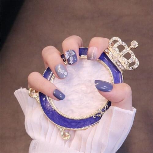 24pcs decorated false nails Blue Color Wear Small Paragraph Fashion Manicure Patch False Nails Save Time Wearable Nail Patch TN