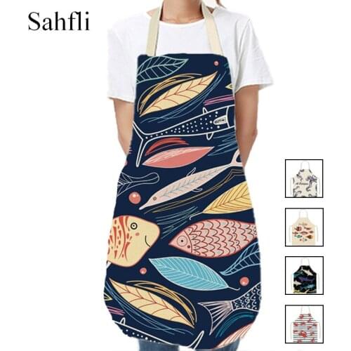 Cotton Linen Sleeveless Aprons Marine Life Fish Crab Print Kitchen Apron Home Cooking Baking Waist Bib Pinafore Cleaning Tools