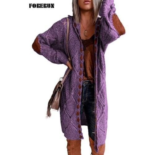 FORERUN Purple Kimono Cardigan Hooded Deep V-neck Oversized Argyle Knitted Patchwork Top with Sleeves Long Cardigan Mujer Verano