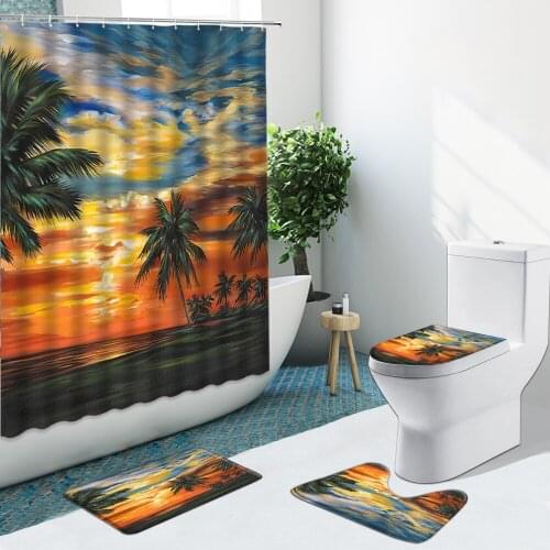 Oil Painting Seascape Shower Curtain Coconut Tree Sea Sailing Non-Slip Flannel Rug Toilet Cover Bath Mats Bathroom Set Floor Mat
