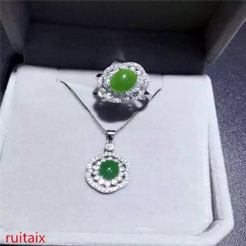 KJJEAXCMY boutique jewels S925 pure silver inlay natural jade pendant necklace + ring 2 pieces of suit xiaoye flower type la
