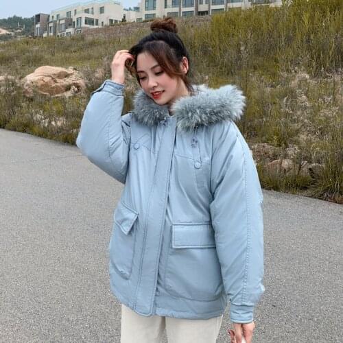 Short Parkas Female Winter Oversized Hooded Jacket Women With Fur Colllar Cotton Padded Loose Solid Casual Thick Womens Coats