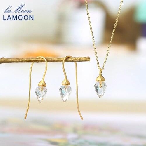LAMOON S925 Silver Jewelry Set For Women Cone Natural White Quartz Mysterious Pendant Gemstone 14K Gold Plated Fine Jewelry V075