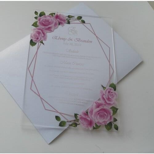 Popular elegant wedding invitation card flower design clear acylic invitations transparent with flower envelop personalize text