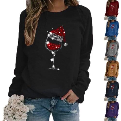 Hot Sale Women’s Christmas Pullovers, Glitter Santa Hat Red Wine Glass Print Long Sleeve Crewneck Loose Sweatshirts S-XXL