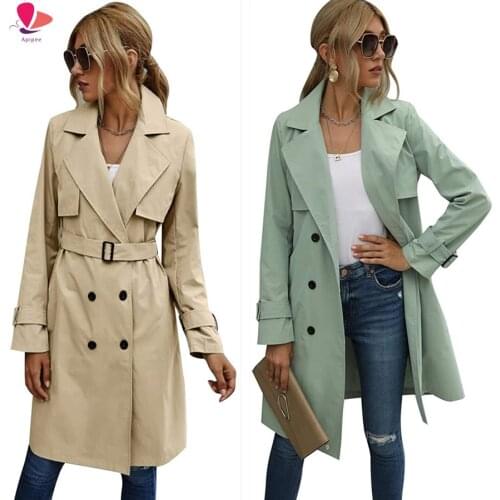 Fashion Women Casual Solid Color Coat Adults Autumn Elagant Fashion Long Sleeve Lapel NeckDouble Breasted Belted Trench Coat