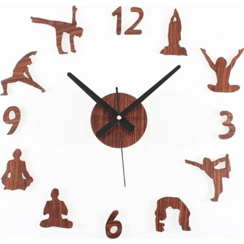 New Arrival Wood color Yoga Design sticker EVA 40CM-70CM wall clock large decorative 3d DIY wall clock big