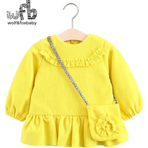 Retail 0-3 years childrens lantern sleeve dress + cute little bag girl spring fall autumn