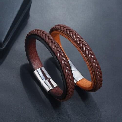 2019 New Punk Jewelry Black Brown Braided Genuine Leather Bracelet for Men Stainless Steel Magnetic Clasp Bangles