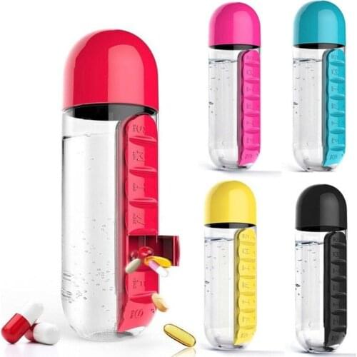 Portable 600ML Water Glass Bottle Pill Box 2 in 1 Outdoor Travel Water Bottle Medicine Cup Plastic Bottles