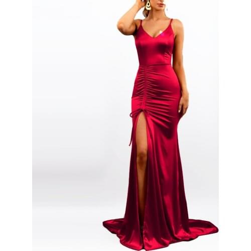 Split Front Drawsting Long Strappy Satin Dress Backless Sleeveless Sexy Mermaid Eveing Party Maxi Dress Gown