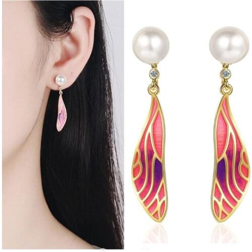 Bright Pearl Zircon Colorful Wings Design Earrings Female Jewelry Trendy 925 Silver Accessories Women Drop Earrings Summer Bijou