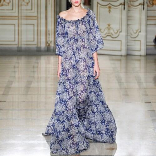 Summer Vintage Blue Flower Printed Maxi Dresses for Women Summer 2021 Elegant O-neck Pleated Chiffon Long Dress Female