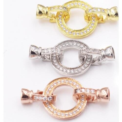 1pcs 15x33mm 18k Gold Gold Plated Circle shape CZ Pave Clasp with Two End Caps for Bracelet Necklace