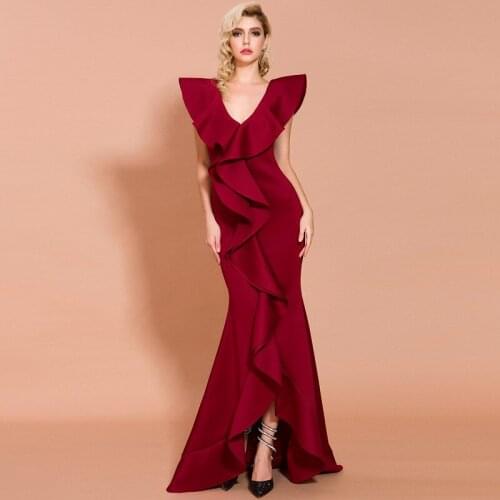 2021 New V-Neck Ruffles Trumpet Dress Sleeveless Open Back Floor-Length Zipper-up Mermaid Wine Red Glamorous Women Evening Gown