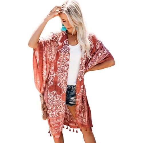 Seaside Holiday Printed Loose Tassel Kimono Smock Cardigan Medium Long Beach Coat Women Open Stitch Capes & Ponchos 85283