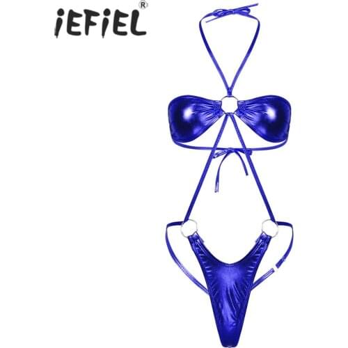 Shiny Metallic Monokini Swimwear Women ExoticLingerie Halter Neck Backless Slingshot Mini Trikini Thong Teddy Bodysuit Beachwear