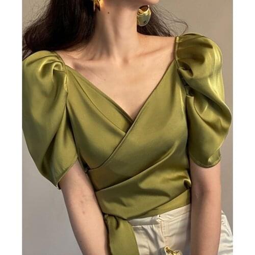 Satin Green Women Blouse Summer New Design 2021 V-Neck Bow Bandage Slim Short Sexy Female Pulls Tops Tees