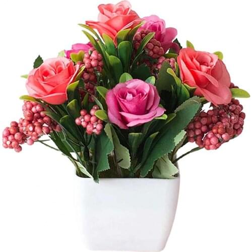 European Style Tea Rose Artificial Flower Pot Bonsai Plants Table Fake Flowers Potted Ornaments For Home Decor Hotel Garden