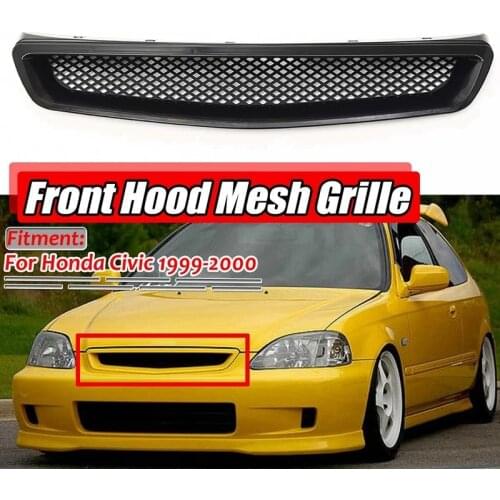 EK T-R Style Front Bumper Hood Mesh Grill Racing Grille for Honda Civic EK CX DX EX HX LX Type R 1999-2000 Glossy Black