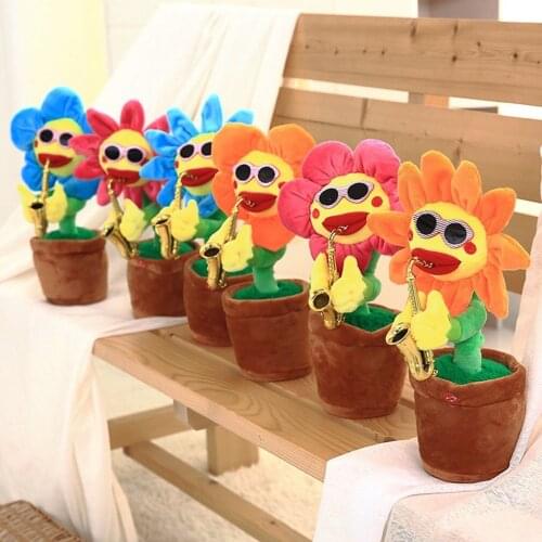 Electric Sunflower Stuffed Plush Doll 60 songs Bluetooth USB Saxophone Dancing Singing Sunflower Toys Stuffed Plush Toy for Kid