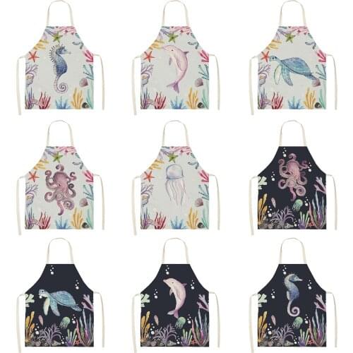 Marine life Women Kitchen Aprons Waterproof Cooking oil-proof Cotton Linen Antifouling Chef Apron Cleaning 68*55cm 0154