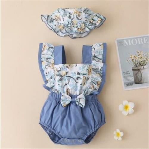 3-24M Summer Clothing Baby Girl 2Pcs Baby Girls Summer Outfits Ruffle Sleeves Cartoon Print Bowknot Romper with Hat Set
