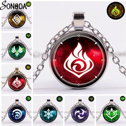 Genshin Impact Glow In The Dark Necklace Eye of God Water Wind Thunder Fire Rock Ice Element Glass Dome Base Pendant Hot Jewelry