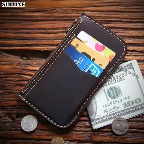 SIMLINE Genuine Leather Wallet Men Vintage Crazy Horse Cow Leather Short Slim Wallets Coin Purse Card Holder With Zipper Pocket