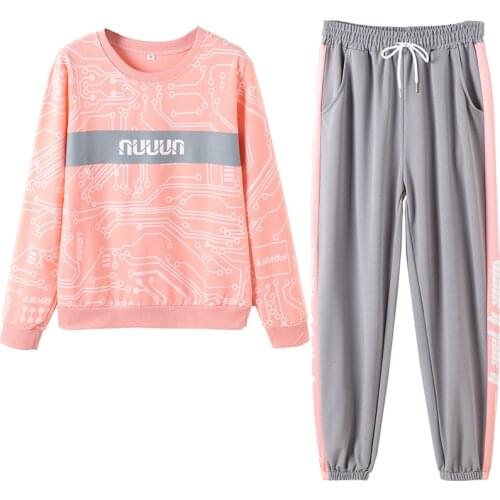 2021 New Spring Autumn Women Leisure Sports Suit BF Hip hop Style Fashion Print Sweatshirt And Long Pant Two Piece Set