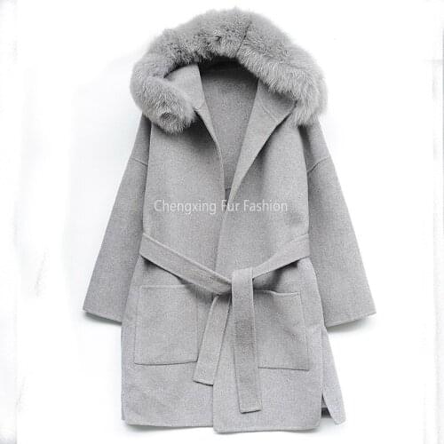 CX-G-T-45B Genuine Fox Fur Collar Fashion Outwear Wool Blend Coat Women Winter Coats with Hood