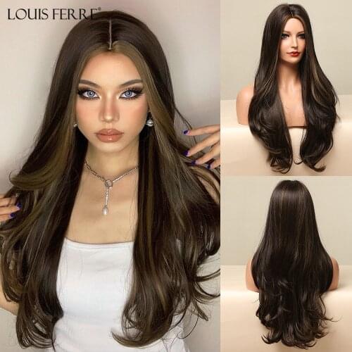 LOUIS FERRE Long Wave Brown Highlight on Blonde Wig Afro African Middle Part Synthetic Wigs for Women High Temperature Fibre
