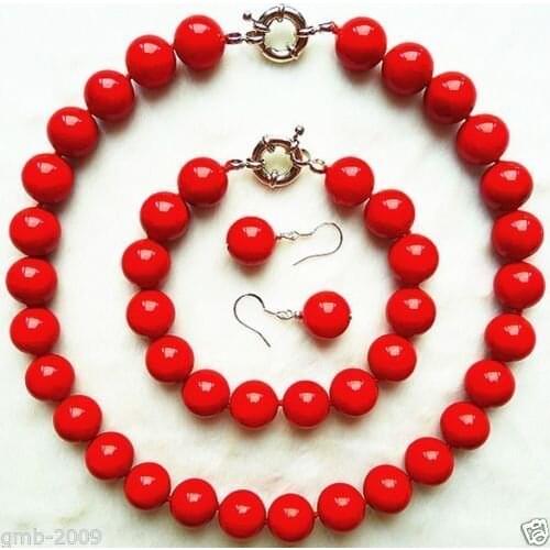 Genuine 14mm Coral Red South Sea Shell Pearl Necklace Bracelet Earrings Set