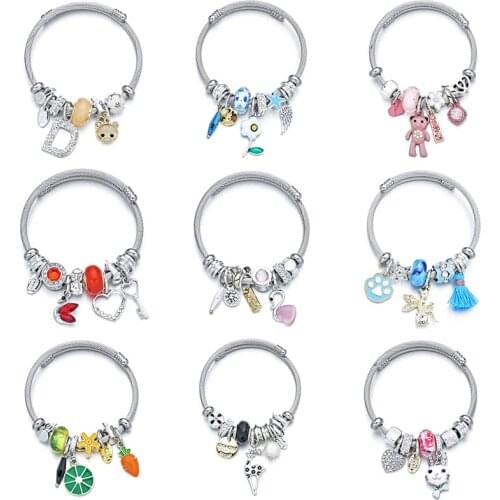 Crystal Swan Pendant Stainless Steel Bracelets Bangles Heart Fruit Flower Charms Bracelets for Women Girls Adjustable Jewelry