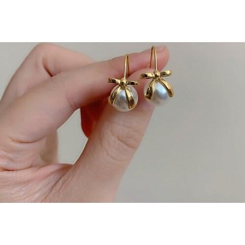 Kpop Imitation Pearl Earring for Women Korea Style Bow Ear hook Gold Color Stainless Steel Fashion Jewelry 2021 Trend(GE202)